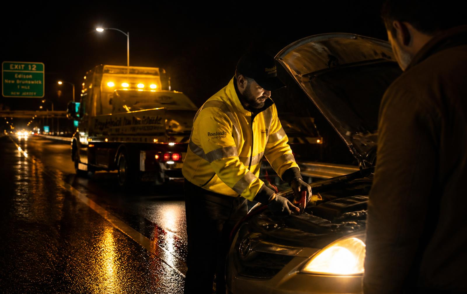 Roadside technician in a hi-vis jacket jump starting a stranded motorist's car at night in New Jersey
